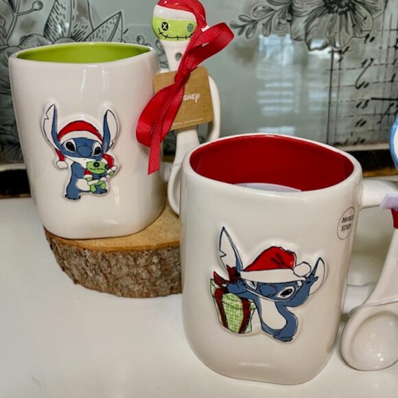 NEW Christmas Rae Dunn Disney Stitch Mugs with Spoons Set of Two - Picture 2 of 3